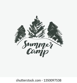 Summer camp logotype or badge. Vector illustration. Concept for shirt or logo, print, stamp.. Vintage typography design with lettering text and forest silhouette.