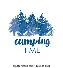Summer camp logotype or badge. Vector illustration. Concept for shirt or logo, print, stamp.. Vintage typography design with lettering text and forest silhouette.