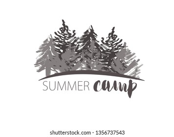 Summer camp logotype or badge. Vector illustration. Concept for shirt or logo, print, stamp.. Vintage typography design with lettering text and forest silhouette.