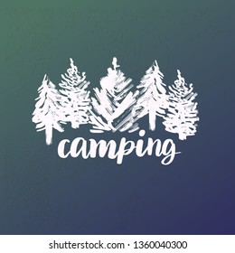 Summer camp logotype or badge. Vector illustration. Concept for shirt or logo, print, stamp.. Vintage typography design with lettering text and forest silhouette.