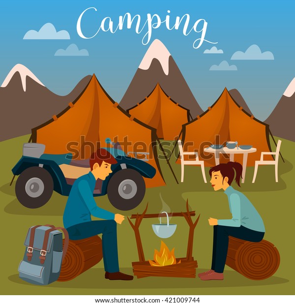 Summer Camp.\
Man and Woman sitting by Fireplace. Camping and ATV. Outdoor\
Vacation. Active People. Vector\
illustration