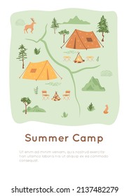 Summer camp map with tents, campfire, chairs. Hiking, eco tourism, nature traveling, camping, active weekend concept. Landscape with hills, wild animals, fir trees, grass, road. Vector illustration.