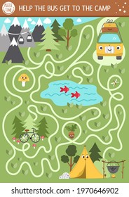 Summer camp maze for children. Active holidays preschool printable activity. Family nature trip labyrinth game or puzzle with cute kawaii bus going to the camp, mountains and forest
