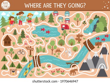 Summer camp maze for children. Active holidays preschool printable activity. Family nature trip labyrinth game or puzzle with cute hiking kids, camping map, mountains, waterfall and forest
