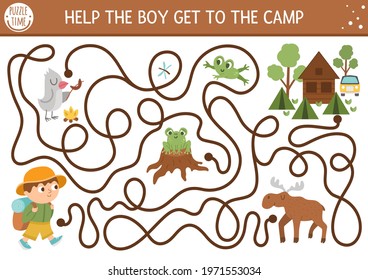 Summer camp maze for children. Active holidays preschool printable activity. Family nature trip labyrinth game or puzzle with cute hiking kid and forest animals. Help the boy get to the camp