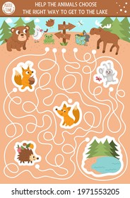 Summer camp maze for children. Active holidays preschool printable activity. Family nature trip labyrinth game or puzzle with cute hiking animals going to the lake and forest
