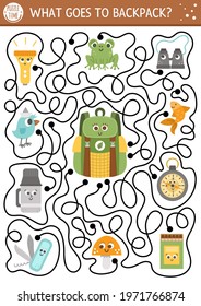 Summer camp maze for children. Active holidays preschool printable activity. Family nature trip labyrinth game or puzzle with camping equipment, bag, compass. What goes to backpack?
