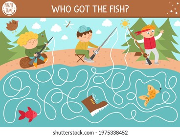 Summer camp maze for children. Active holidays preschool printable activity. Family nature trip labyrinth game or puzzle with cute fishing kids with rods. Who got the fish?
