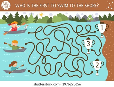 Summer camp maze for children. Active holidays preschool printable activity. Nature trip or competition labyrinth game or puzzle with cute kayaking kids on boats. Who is the first to swim to the shore