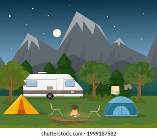Summer camp . Motorhome caravan motorhome by the fire with a tent, log, boiler, table. Night landscape with mountains. Summer vacation, camping, travel, trip, hiking, vector cartoon illustration.