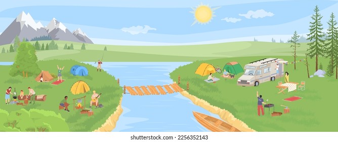 Summer camp in mountain valley at river bank vector illustration. Happy people tourists living in tents, travel trailers and camper vans, cooking and eating food outdoor, playing, talking each other svg