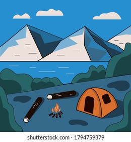 Summer camp in the mountains. A tent is set up on the shore of a lake or river. The fire is burning. - Shutterstock ID 1794759379