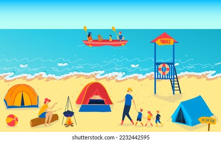 Sommerlager in der Nähe des Ozeans, Vektorgrafik, Mädchen Kinder Charakter folgen Mann Vater am Meer Strand, Kinderaktivität in der Natur.