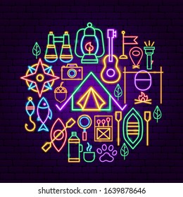 Summer Camp Neon Concept. Vector Illustration of Outdoor Promotion.