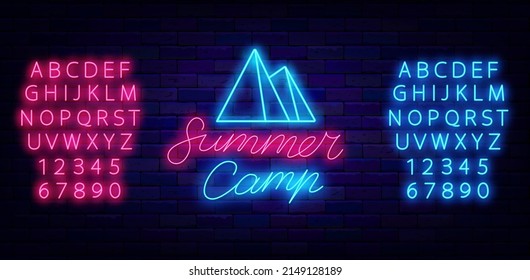 Summer camp neon emblem. Camping sign with mountains. Shiny blue and pink alphabet. Season evening concept. Night bright emblem. Editable stroke. Vector stock illustration