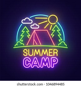 Summer Camp Neon Sign, Bright Signboard, Light Banner. Camping Logo, Emblem. Vector Illustration