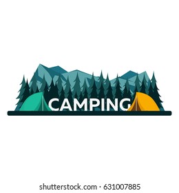 Summer camp. Night Camping. Campfire. Pine forest and rocky mountains. Starry night and moonlight. Nature landscape