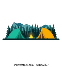 Summer camp. Night Camping. Campfire. Pine forest and rocky mountains. Starry night and moonlight. Nature landscape