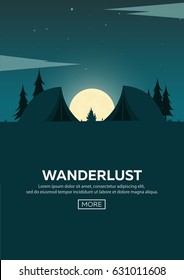 Summer camp. Night Camping. Campfire. Pine forest and rocky mountains. Starry night and moonlight. Nature landscape