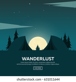 Summer camp. Night Camping. Campfire. Pine forest and rocky mountains. Starry night and moonlight. Nature landscape