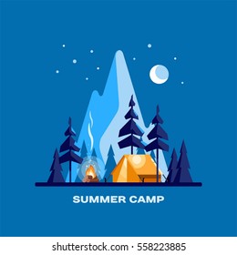 Summer Camp Night Landscape Illuminated Tent Stock Vector Royalty Free