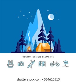 Summer camp. Night landscape with illuminated tent, forest and mountains in the background. Sport, camping, adventures in nature, vacation, and tourism vector illustration.