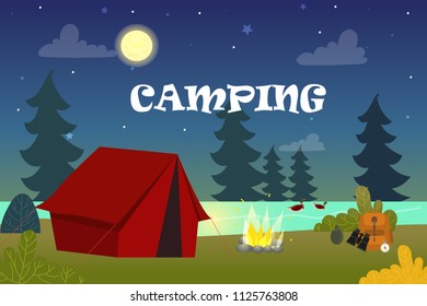 Summer Camp Night Landscape Tent Wildlife Stock Vector (Royalty Free ...