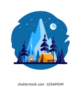 Summer camp. Night landscape with yellow tent, campfire, forest and mountains on the background. Sport, camping, adventures in nature, vacation, and tourism vector illustration.