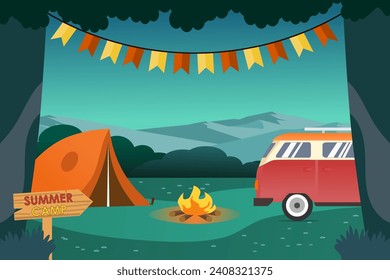 Campamento de verano por la noche con carpa, fogata y furgoneta. Ilustración vectorial.