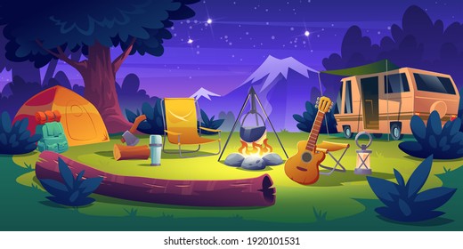 Summer camp at night time. Rv caravan motorhome car stand at campfire with tent, log, cauldron and guitar Summertime vacation, camping, traveling, trip, hiking activities, Cartoon vector illustration