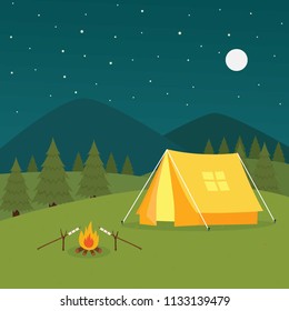 Summer Camp Night with Yellow Tent 
 Grill Marshmallows