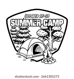 Campamento de verano Ilustración de octubre Diseño de Vector blanco y negro