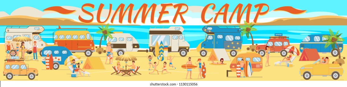 Summer Camp on Beach. Active rest on Beach. Travel by Car along Coast. Family Vacation on Beach. Picnic near Sea. Vacation Camping near Sea. Van for traveling. Vector Illustration.