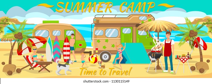 Summer Camp on Beach. Active rest on Beach. Travel by Car along Coast. Family Vacation on Beach. Picnic near Sea. Vacation Camping near Sea. Van for traveling. Vector Illustration. Traveling with Dog.