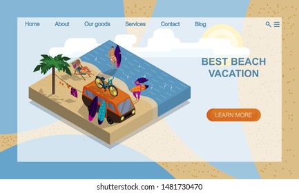 Summer Camp on Beach. Active rest on Beach. Travel by Car along Coast. Company of young surfers. Van for traveling. Isometric 3D Illustration. Vector website landing page design template