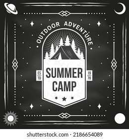 Summer camp on chalkboard. Vector illustration. Concept for shirt or logo, print, stamp or tee. Vintage typography design with Camper tent and forest silhouette. Camping quote.