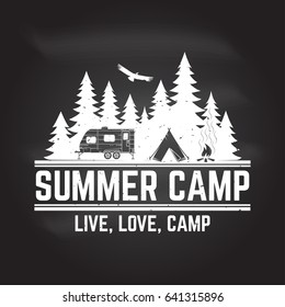 Summer camp on the chalkboard. Vector illustration. Concept for shirt or logo, print, stamp or tee. Vintage typography design with rv trailer, camping tent and forest silhouette.