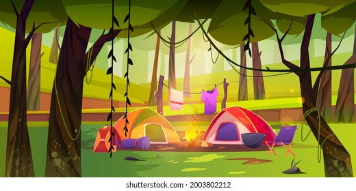 Summer Camp On Forest Glade With Tent And Campfire. Vector Cartoon Landscape Of Woods Or Natural Park With Green Trees And Grass, Camping With Chair, Boiler, Backpack And Clothesline Above Fire
