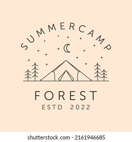 summer camp on the forest line art logo vector symbol illustration design