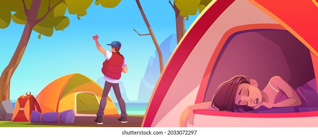 Summer camp on lake shore with woman sleep in tent and man wake up. Vector cartoon illustration of landscape with trees, green grass, river and campsite with bonfire and resting people at morning