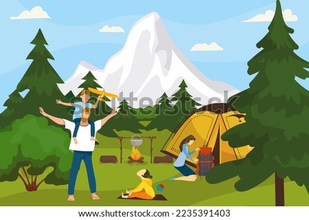Summer camp on nature, in forest, vacation with tent, adventure vector illustration. Family camping and cooking in campfire.