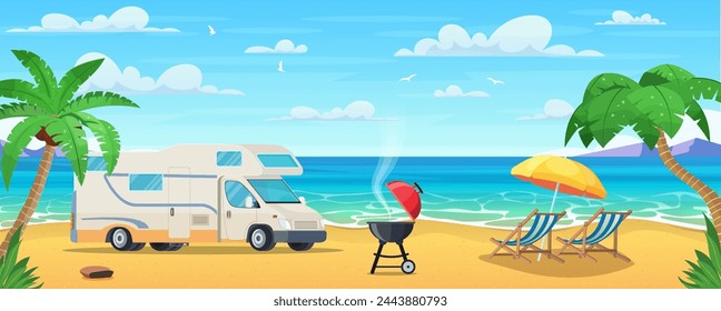 Summer camp on Tropical beach with van, sun loungers. Seascape, vacation banner. Summertime on the beach. cartoon Palms and plants around. Vector illustration in flat style