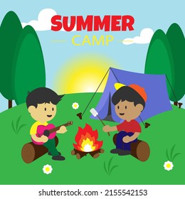 Summer Camp. One Boy Is Playing Guitar And The Other Is Roasting Marshmellow. Suitable For Summer Events