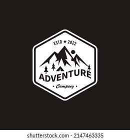 Summer camp and outdoor adventure illustration logo, mountain, coat of arms, hexagon
