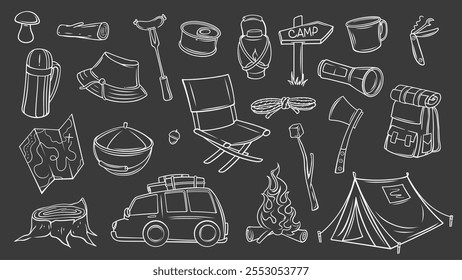 Summer camp and outdoor adventure line icons set on chalkboard. Outline tent in camp and map, backpack, campfire. Travel and hiking mascots, hand drawn chalk camping icons vector illustration