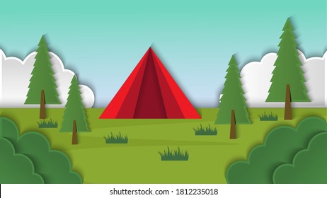 Summer camp outdoor cartoon background vector with paper cut style, background isolated