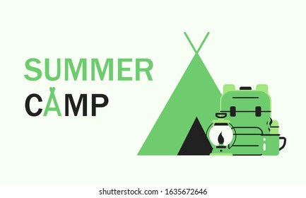 Summer camp and outdoor with tent, camping bag, lantern and mug of tea. Concept summer camping banner in green colors