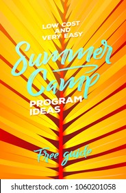 Summer Camp and Summer party poster template. Palm leaf background art. Party poster with palm leaf and lettering Summer Camp - stock vector