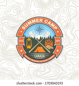 Summer camp patch. Happiness is toasted marshmallows. Vector. Vintage typography design with camping tent, campfire, marshmallow on a stick silhouette. Concept for shirt or print, stamp or tee