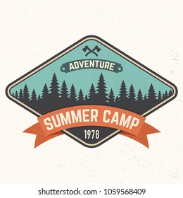 Summer Camp Patch. Vector Illustration. Concept For Shirt Or Print, Stamp Or Tee. Vintage Typography Design With Axes And Forest Silhouette. Outdoor Adventure.